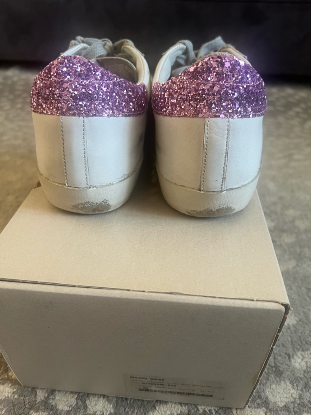 Golden Goose White Sneakers with Pink Glitter Heel and Navy Star - Picture 5 of 8